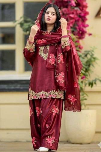 Luxurious maroon satin silk farshi salwar suit with heavy embroidery and sequence work