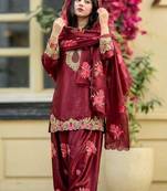 Luxurious maroon satin silk farshi salwar suit with heavy embroidery and sequence work