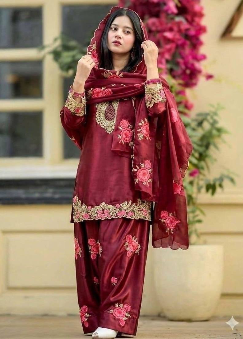 Luxurious maroon satin silk farshi salwar suit with heavy embroidery and sequence work