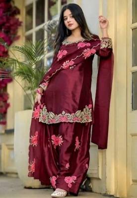 Luxurious maroon satin silk farshi salwar suit with heavy embroidery and sequence work 2