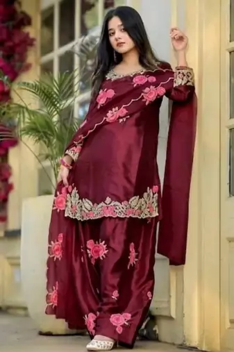 Luxurious maroon satin silk farshi salwar suit with heavy embroidery and sequence work
