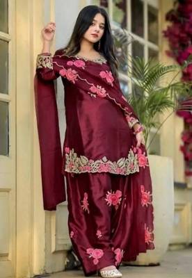Luxurious maroon satin silk farshi salwar suit with heavy embroidery and sequence work 3