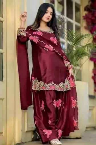 Luxurious maroon satin silk farshi salwar suit with heavy embroidery and sequence work
