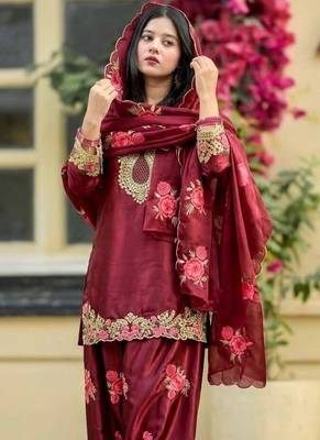 Luxurious maroon satin silk farshi salwar suit with heavy embroidery and sequence work 4