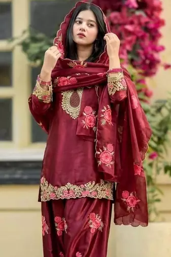 Luxurious maroon satin silk farshi salwar suit with heavy embroidery and sequence work