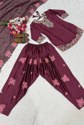 Luxurious maroon satin silk farshi salwar suit with heavy embroidery and sequence work 5