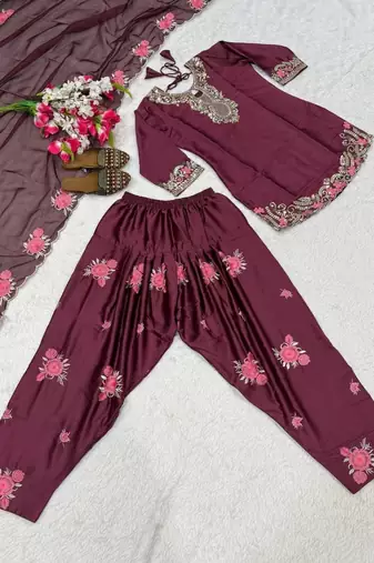 Luxurious maroon satin silk farshi salwar suit with heavy embroidery and sequence work
