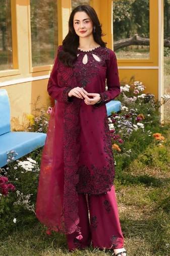Cherry maroon pakistani suit - satin rayon top with duppata and palazzo