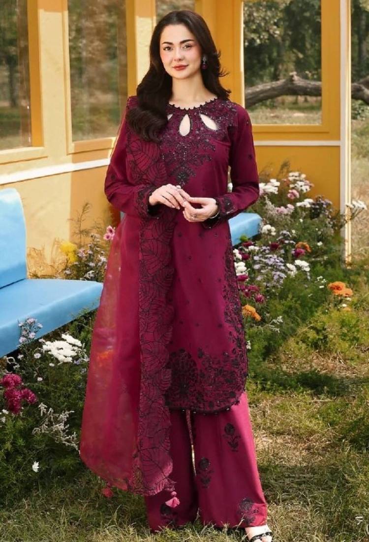 Cherry maroon pakistani suit - satin rayon top with duppata and palazzo