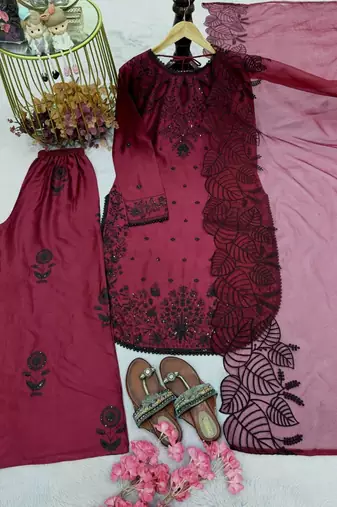 Cherry maroon pakistani suit - satin rayon top with duppata and palazzo