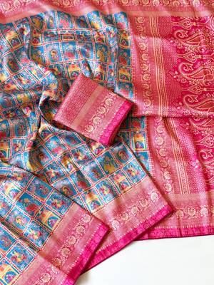 Teal Color Digital Print Pasmina weaving Silk Saree 1