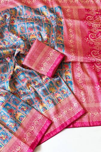 Teal Color Digital Print Pasmina weaving Silk Saree