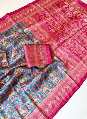 Teal Color Digital Print Pasmina weaving Silk Saree 2
