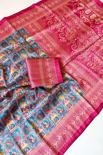 Teal Color Digital Print Pasmina weaving Silk Saree