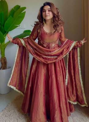 Rust cosmos silk maxi anarkali with koti & pent set 1