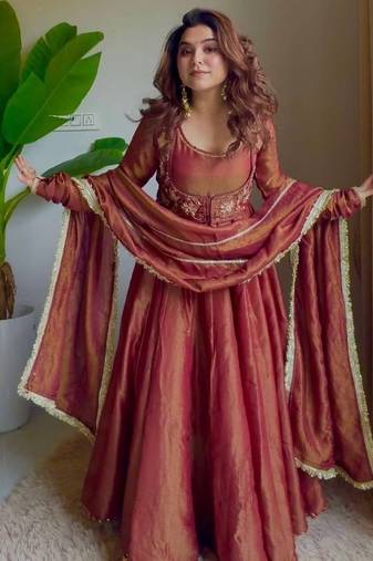 Rust cosmos silk maxi anarkali with koti & pent set
