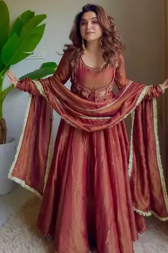 Rust cosmos silk maxi anarkali with koti & pent set