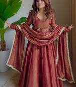 Rust cosmos silk maxi anarkali with koti & pent set