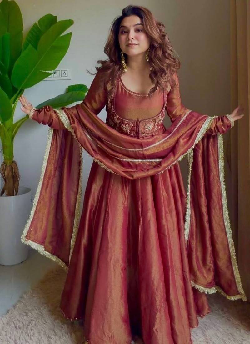 Rust cosmos silk maxi anarkali with koti & pent set