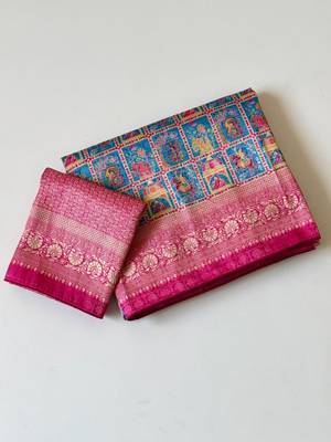 Teal Color Digital Print Pasmina weaving Silk Saree 3
