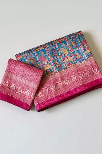 Teal Color Digital Print Pasmina weaving Silk Saree