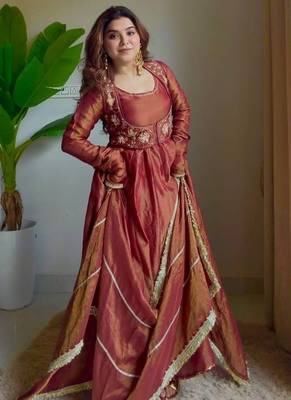 Rust cosmos silk maxi anarkali with koti & pent set 2