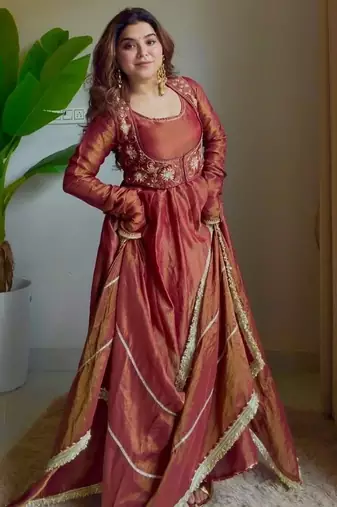 Rust cosmos silk maxi anarkali with koti & pent set