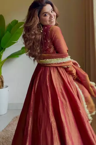 Rust cosmos silk maxi anarkali with koti & pent set