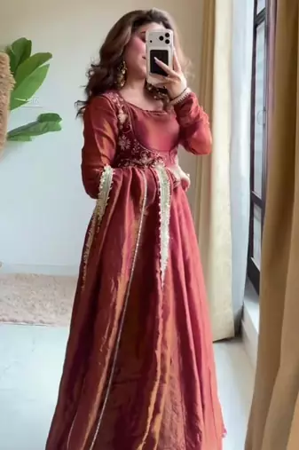 Rust cosmos silk maxi anarkali with koti & pent set