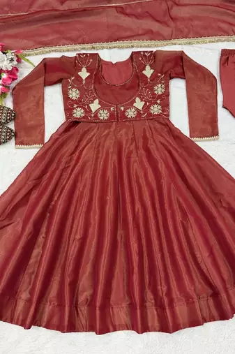 Rust cosmos silk maxi anarkali with koti & pent set