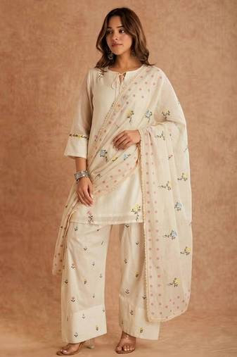 White cotton silk suit with multi needle work & organza dupatta
