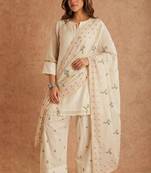 White cotton silk suit with multi needle work & organza dupatta