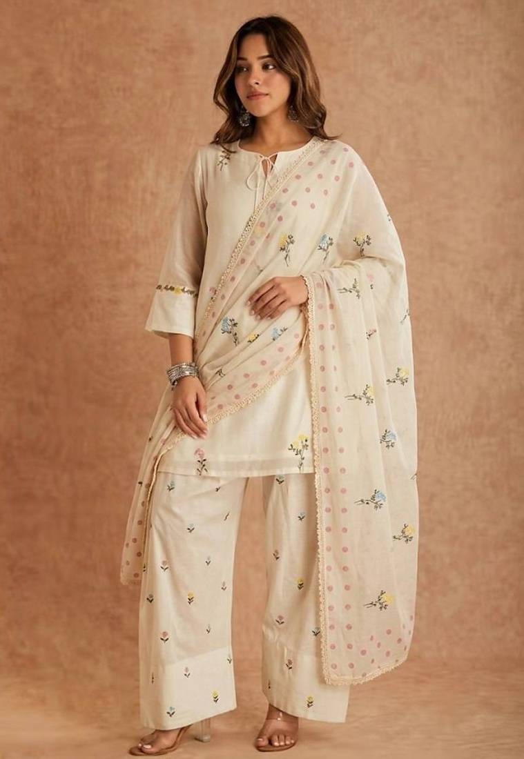 White cotton silk suit with multi needle work & organza dupatta