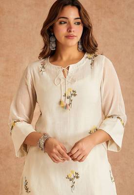 White cotton silk suit with multi needle work & organza dupatta 2