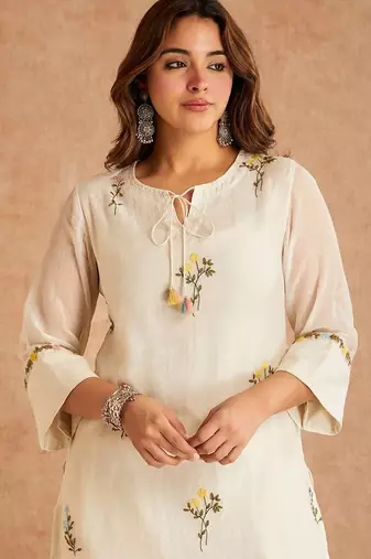 White cotton silk suit with multi needle work & organza dupatta