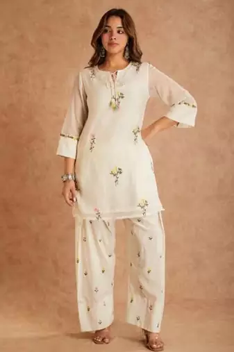 White cotton silk suit with multi needle work & organza dupatta