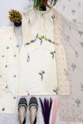 White cotton silk suit with multi needle work & organza dupatta 4