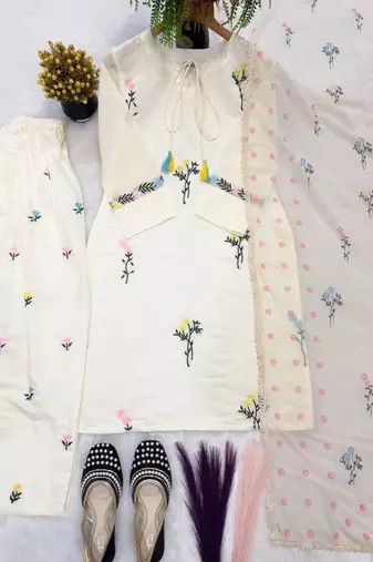 White cotton silk suit with multi needle work & organza dupatta