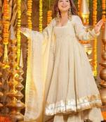 Cream chinnon kurti with palazzo & foil print dupatta