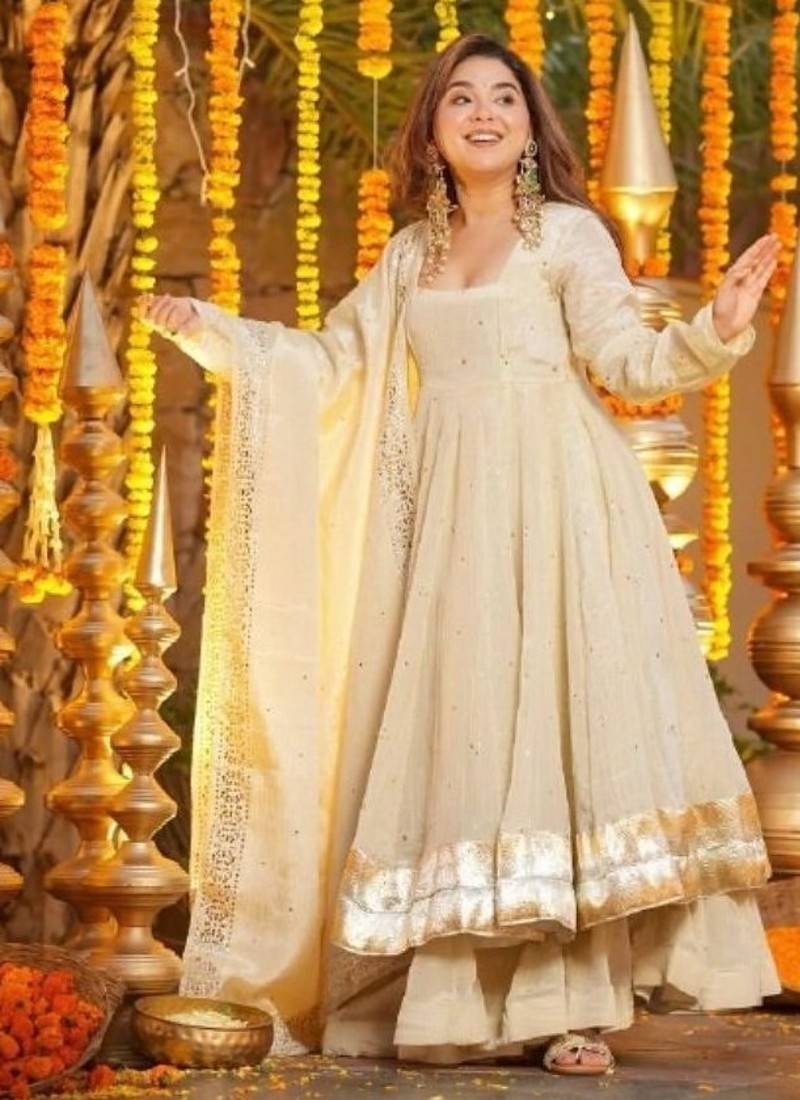 Cream chinnon kurti with palazzo & foil print dupatta