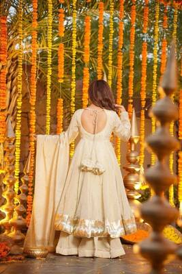 Cream chinnon kurti with palazzo & foil print dupatta 2