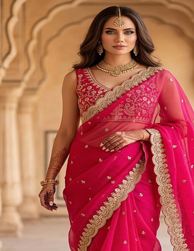 Rani Pink Color  Sequins with Jari Dori Embroidery work  Satin Silk Saree