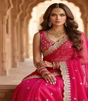 Rani Pink Color  Sequins with Jari Dori Embroidery work  Satin art silk saree