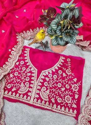 Rani Pink Color  Sequins with Jari Dori Embroidery work  Satin art silk saree 3
