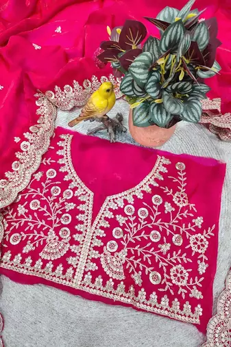 Rani Pink Color  Sequins with Jari Dori Embroidery work  Satin art silk saree