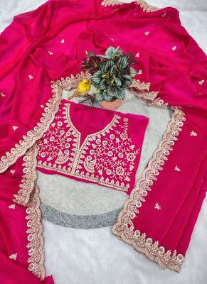 Rani Pink Color  Sequins with Jari Dori Embroidery work  Satin art silk saree 4