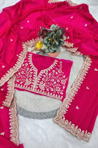 Rani Pink Color  Sequins with Jari Dori Embroidery work  Satin art silk saree