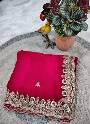 Rani Pink Color  Sequins with Jari Dori Embroidery work  Satin art silk saree 5