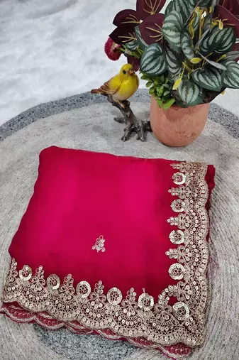 Rani Pink Color  Sequins with Jari Dori Embroidery work  Satin art silk saree
