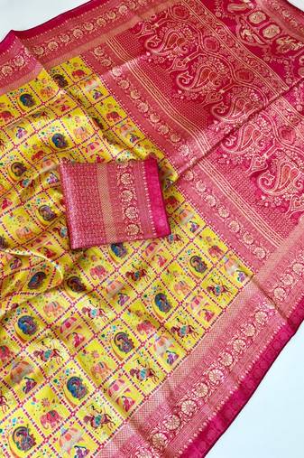 YellowColor Digital Print Pasmina weaving Silk Saree